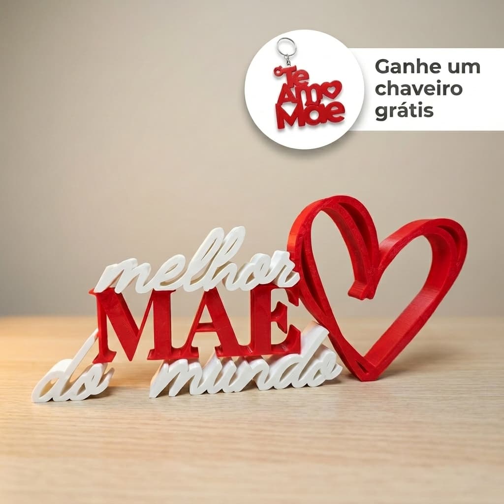 Letreiro Presente Dia das Mães Decorativo "Melhor Mãe do Mundo" com Coração Decoração Criativa