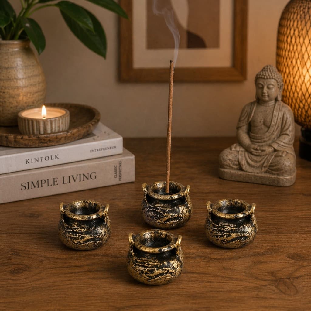 Kit 4 Incensários Resina Porta Incenso Decorativo Dourado Envelhecido Queimador Aromaterapia Casa Zen