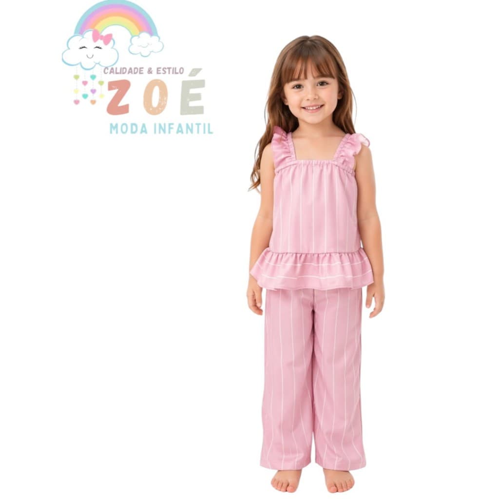 CONJUNTO INFANTIL LISTRADO FRESQUINHO - BLUSA COM BABADO+CALÇA | 4 A 10 ANOS