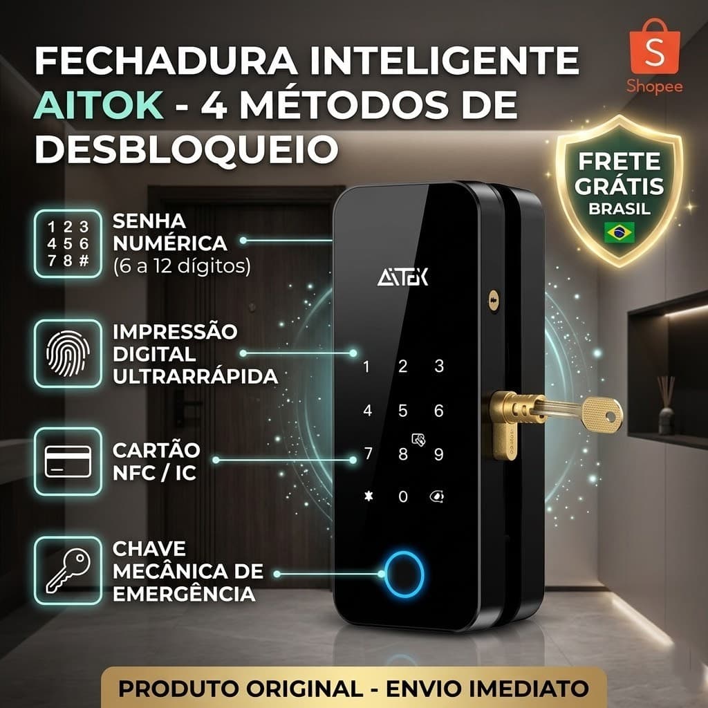 Fechadura Digital Inteligente Para Porta de Vidro Biometria Senha NFC e Chave Proteção Tecnologia Avançada ALPHA-230