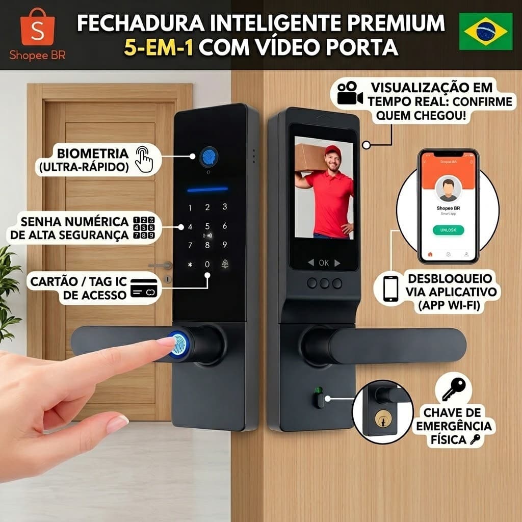 Fechadura Inteligente Digital Smart Wi-Fi com Tela – Bateria Interna, Biometria, App, Senha, Tag e Chave (ALPHA 203)