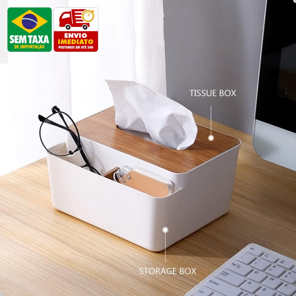 Caixa Porta Lenço Bambu MDF Organizador Banheiro Lavabo Quarto Elegante 16x9,5x15cm