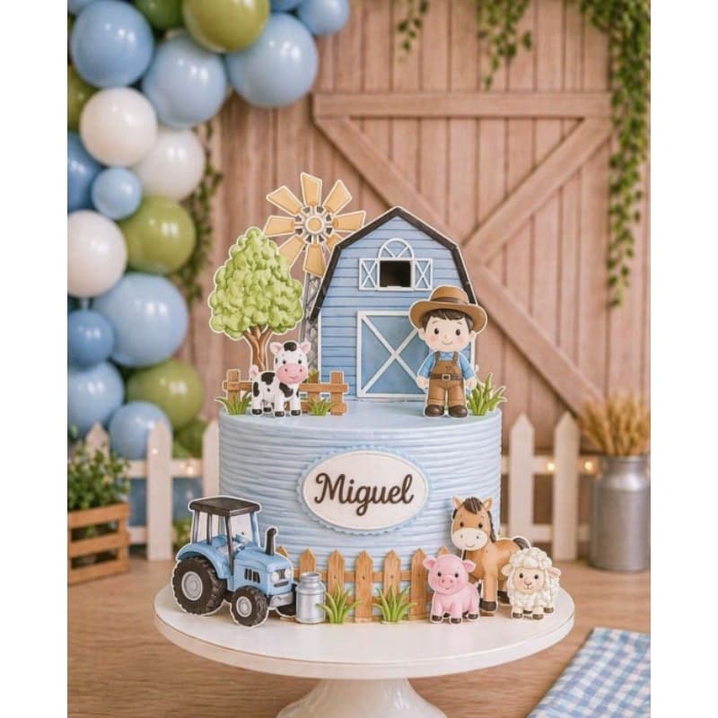 Topo de Bolo Fazendinha Menino Personalizado com Nome – Topper Fazendinha Azul – Tema Fazenda Menino Aniversário
