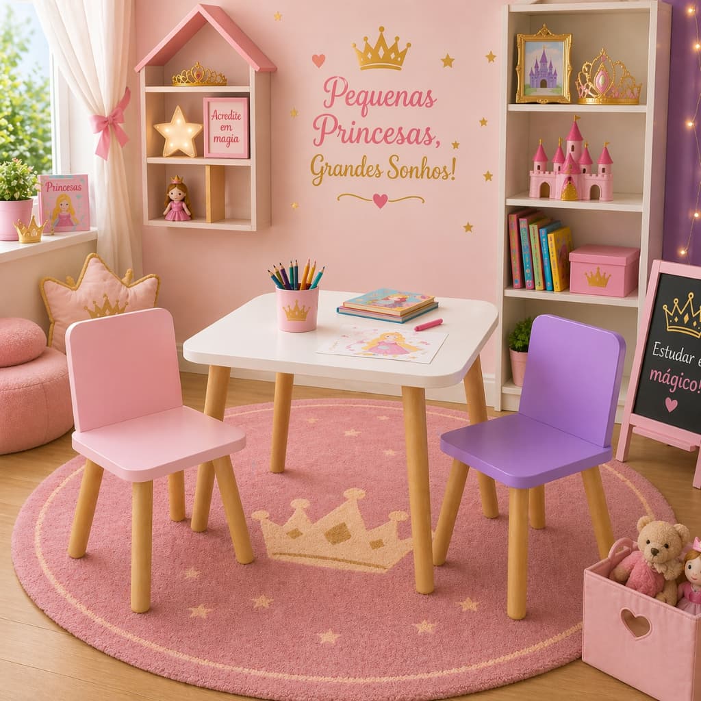Mesa Infantil Menina  50cm de Altura Educativa 60x60 com Cadeira Espaço Encantado Aprender e Brincar