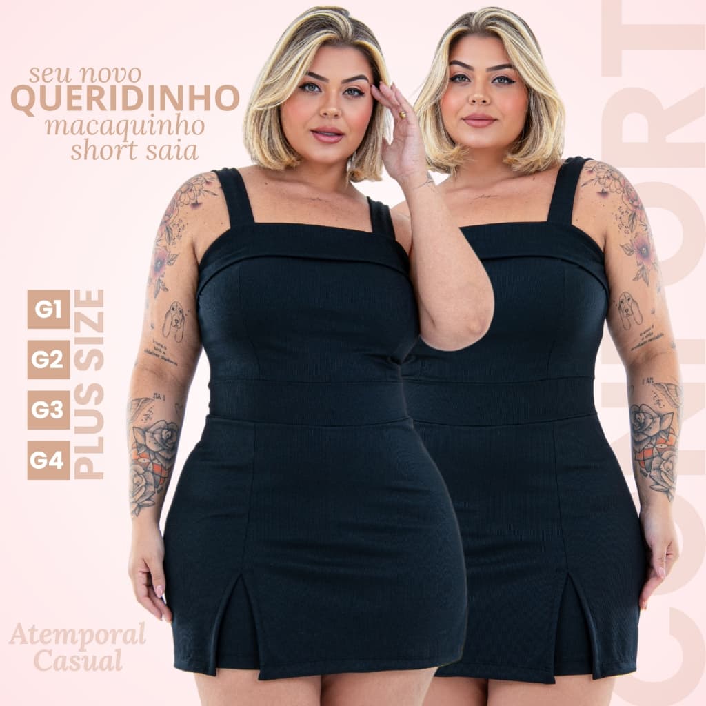 Macaquinho Feminino Plus Size Short Saia Cintura Festa Alça Larga Alta Decote Quadrado Até G4