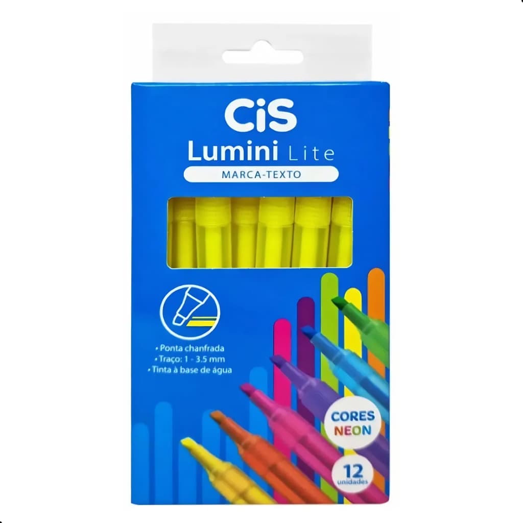 Caneta Marca Texto Amarelo Fluorescente Cis - Caixa Com 12un Escolar Secagem Rápida Neon