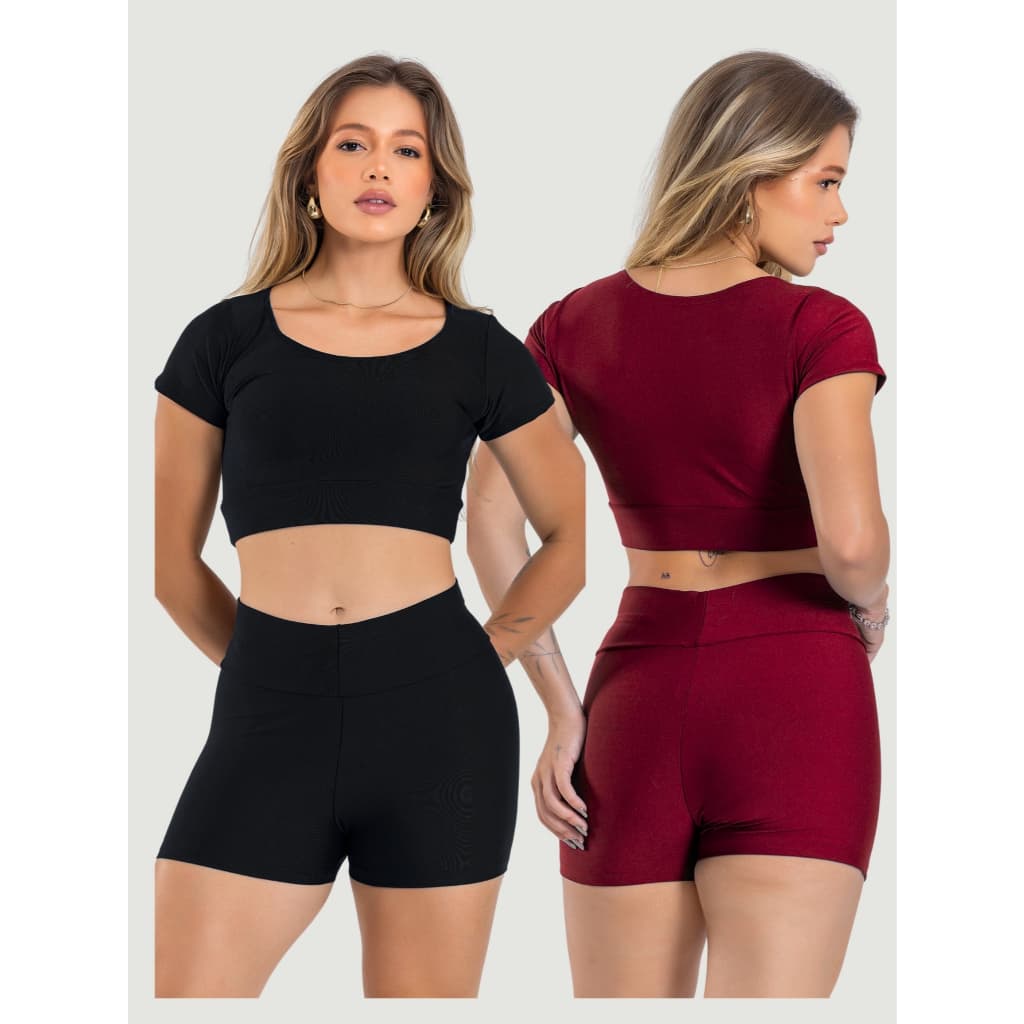 Kit 2 Conjunto Academia Feminino Top + Short Cintura Alta Fitness Alta compressão Corrida Suplex