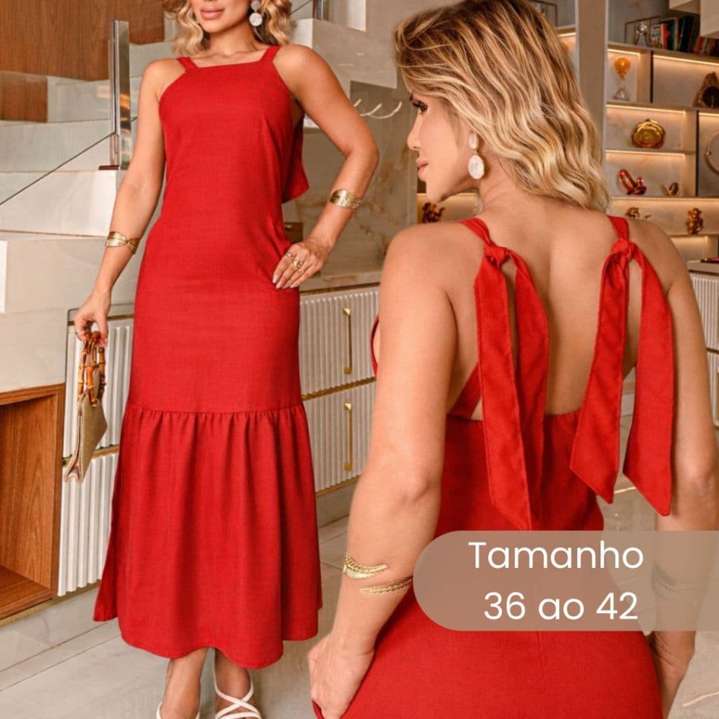 Vestido Longo Feminino  Elegante no Linho Alça Larga Com Fenda Casual