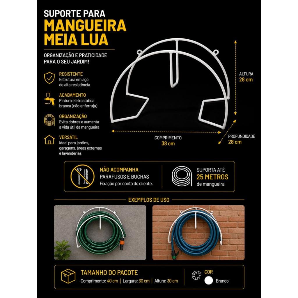 Suporte de Mangueira Meia Lua Reforçado de Parede - Oganizador Resistente 25m