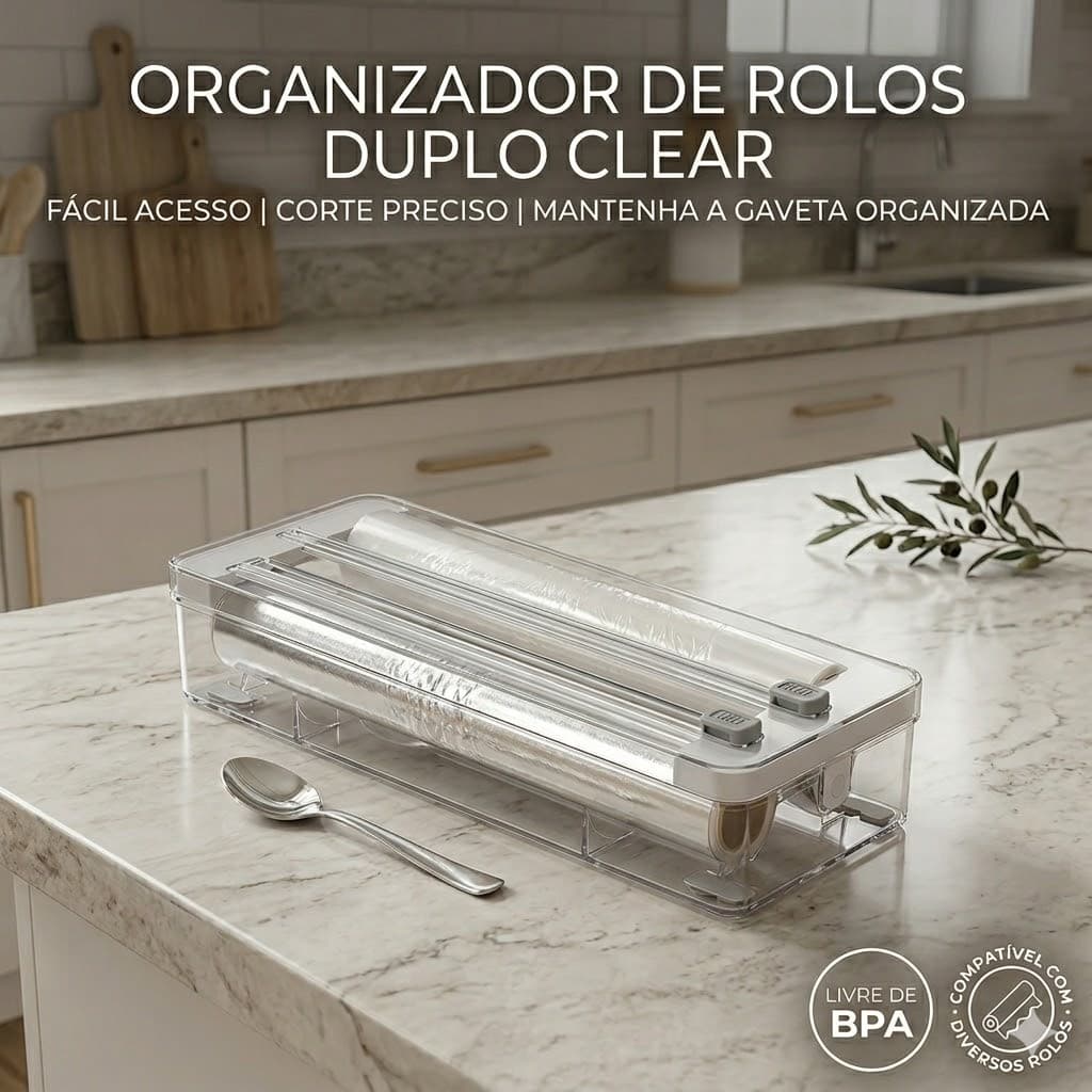Organizador Duplo Cortador Plástico Filme Papel Alumínio Manteiga 37cm X 12cm Multifuncional