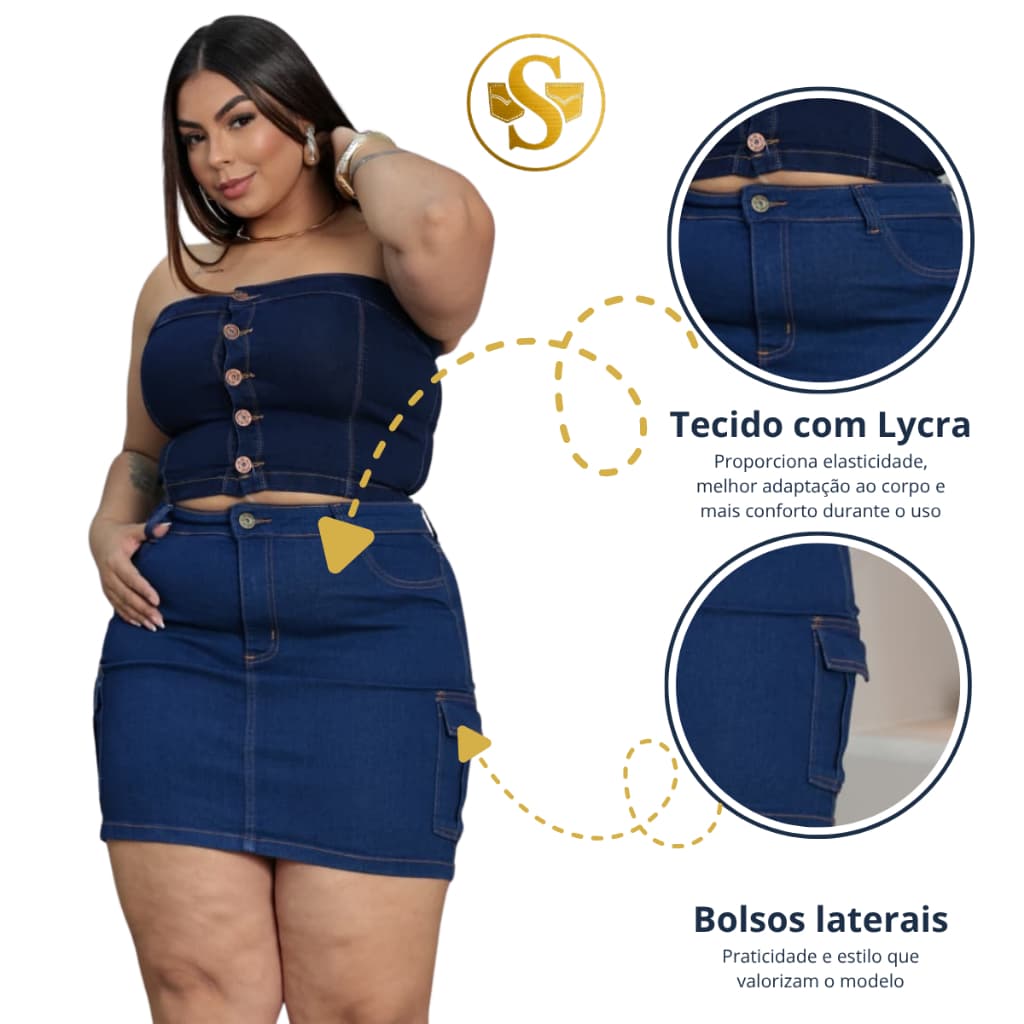 Saia Jeans Cargo Plus Size Com Lycra Cintura Alta Bolsos Laterais Conforto Premium 46-54 Azul Escuro