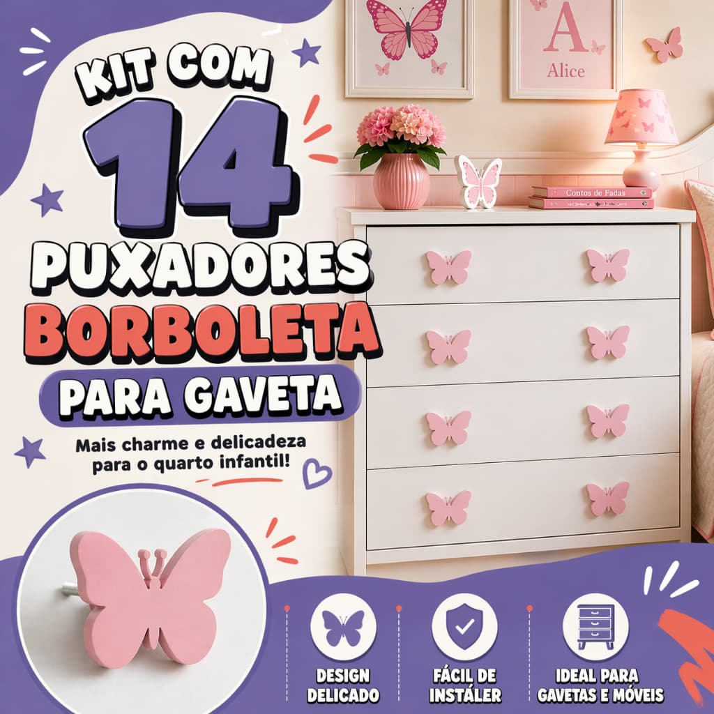 Kit 14 Puxadores Borboleta para Gaveta Armário Quarto Infantil