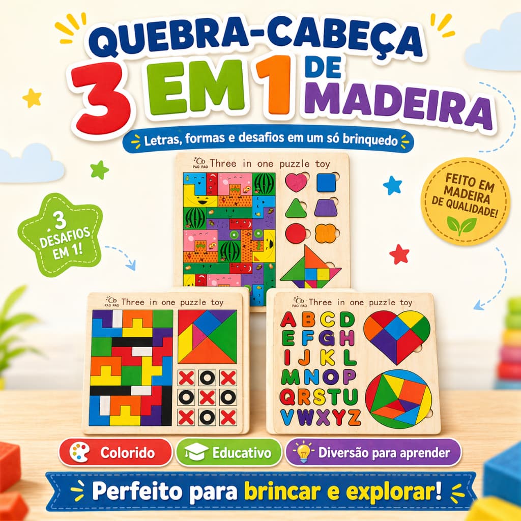 Quebra Cabeça 3 em 1 Pedagógico Brinquedo Didático Peças de Madeira Desenvolvimento Infantil