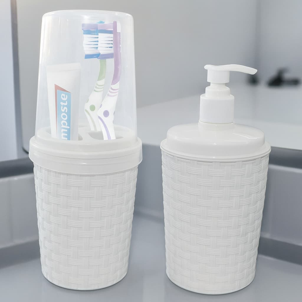 Porta Escova de Dente com Tampa e Dispenser de Sabonete Líquido Rattan - Kit Banheiro Organizador