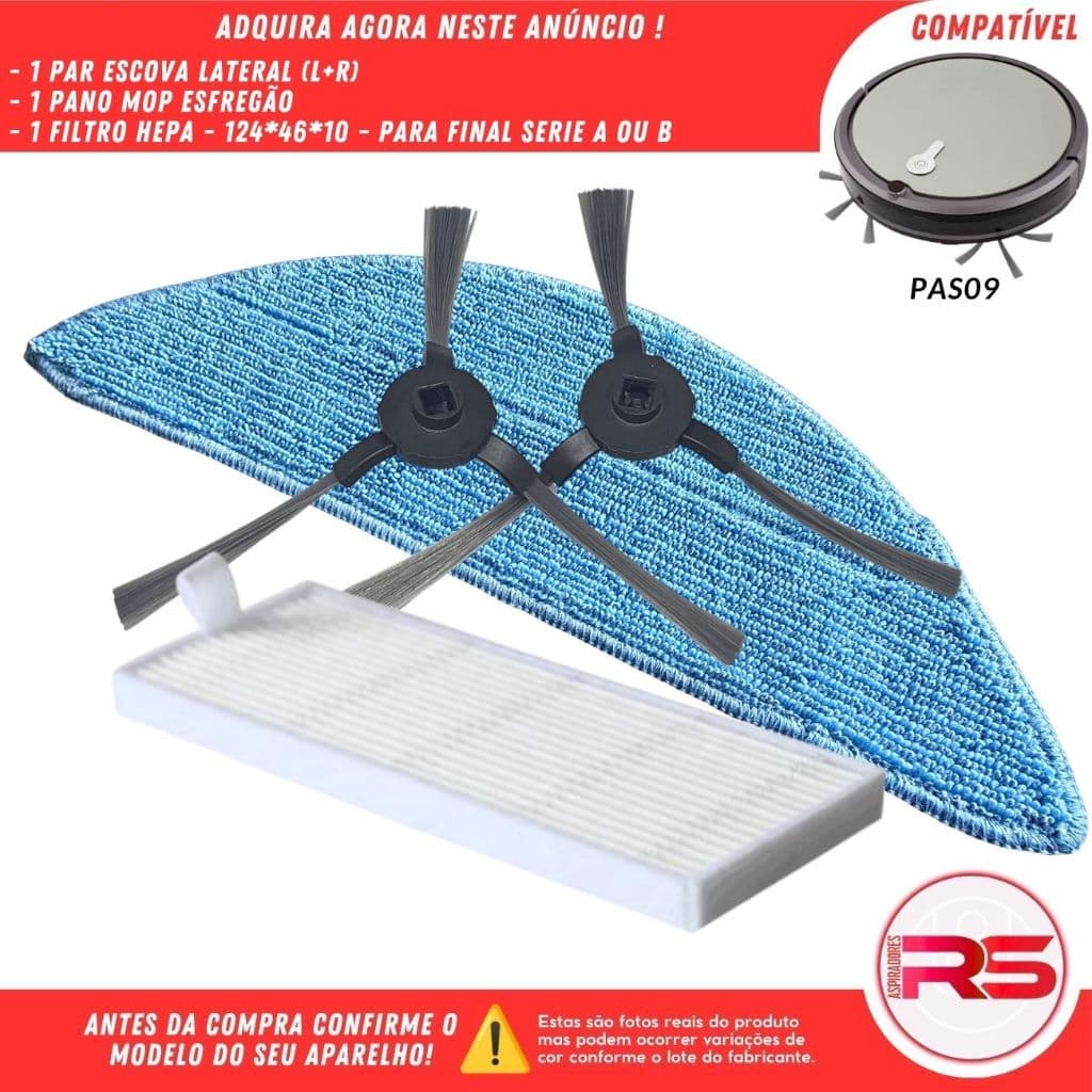 Par Escova Lateral Filtro Hepa e Pano Mop Para Robô Aspirador COMPATÍVEL-PHILCO PAS09 SERIE A ou B