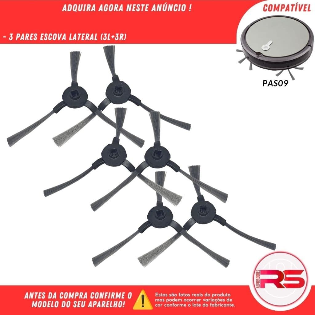 Kit 3 Pares Escova Lateral Para Robô Aspirador COMPATÍVEL-PHILCO PAS09 SERIE A B ou C