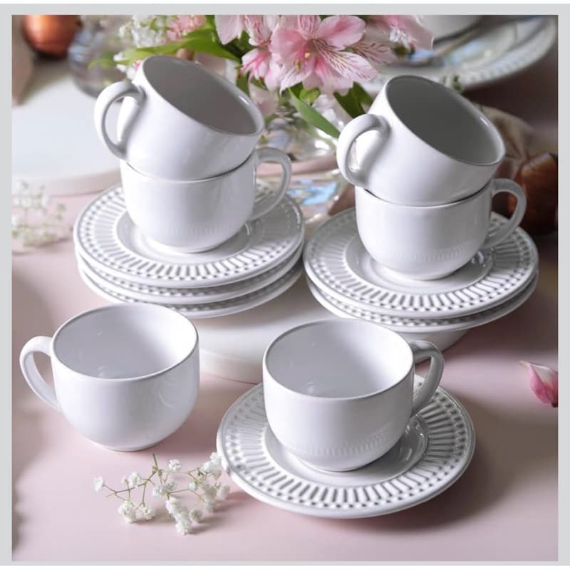 Conjunto 6 Xícaras com Pires de Cerâmica — 161 ml para Café e Chá