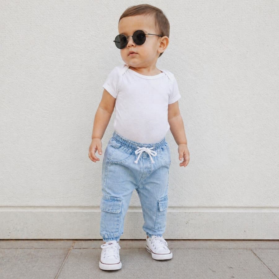 Calça Jeans Jogger Baby Bebe Menino e Menina Unissex com Bolso 3 meses a 6 anos com Elastico