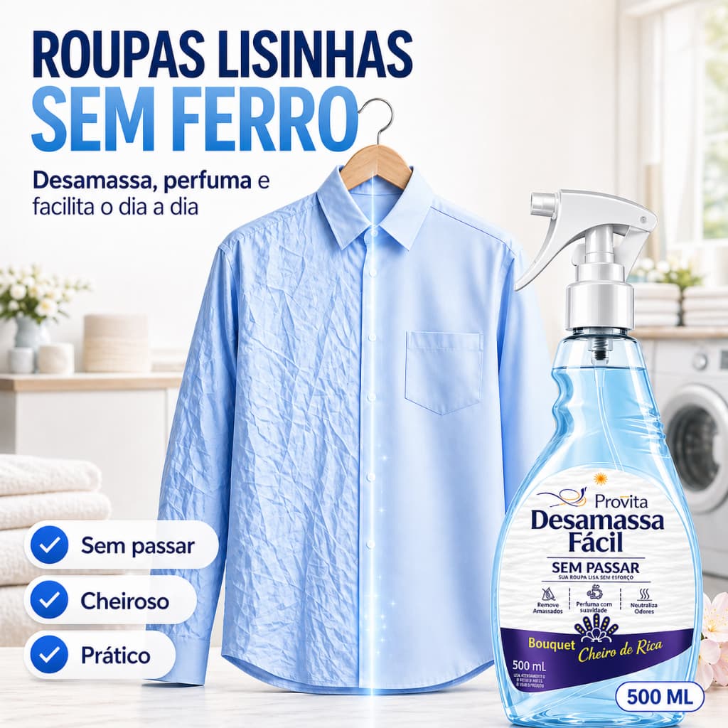 Desamassa Fácil Provita Sem Passar Spray 500Ml Neutraliza Odores Perfuma Revitaliza Tecidos