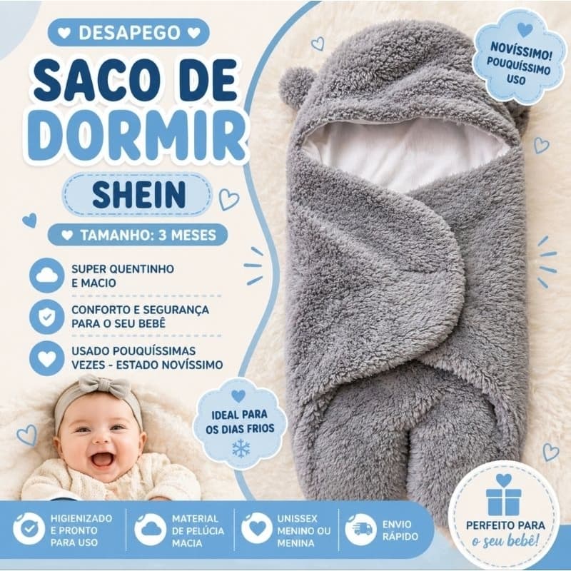[Desapego Novíssimo] Saco de Dormir Bebê SHEIN 3M Pelúcia Quentinho Inverno Unissex Novíssimo Bebê