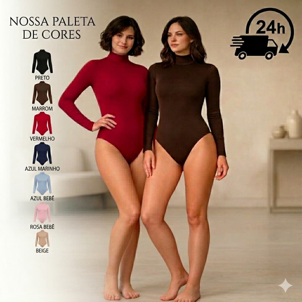 Kit 3 Body Feminino de gola alta manga longa suplex forro duplo