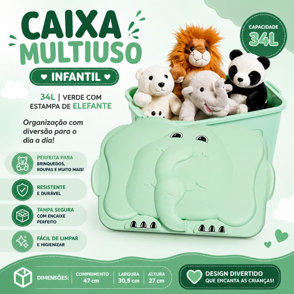 Caixa Multiuso Infantil 34L P/ Criança Verde Com Estampa de Elefante Organizador Armazenar Brinquedo