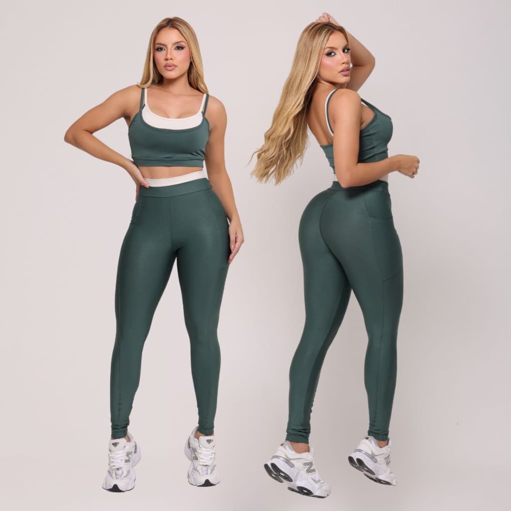Conjunto Fitness Bicolor Top e Calça Legging com Bolso Feminino Academia Cintura Alta Compressão