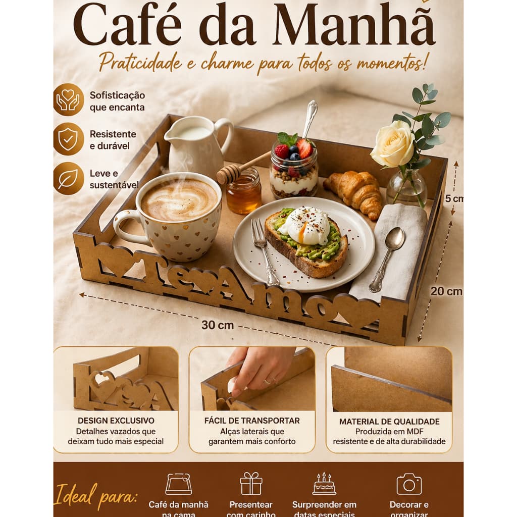 Bandeja para Café da Manhã em MDF “Te Amo” – Presente Criativo, Elegante e Funcional