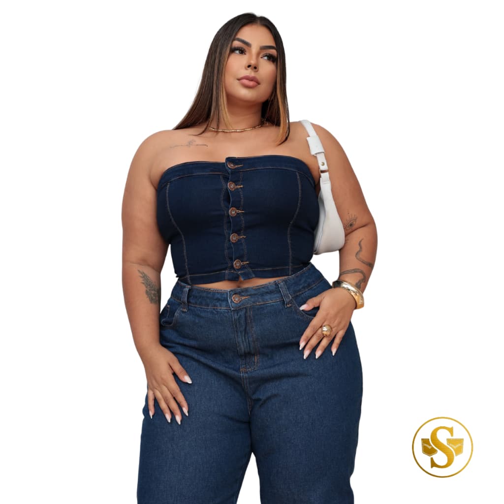 Cropped Jeans Plus Size Tomara Que Caia Com Lycra Botões Frontais Premium G1 G2 G3 Azul Escuro