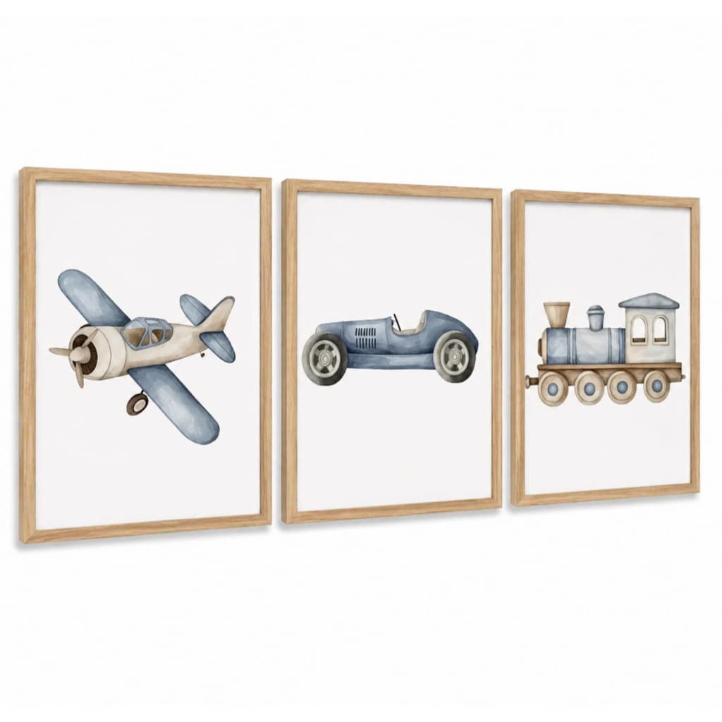 Kit 3 Quadros Decorativos Infantil | Transportes, Avião, Carro e Trem | Quarto Menino - No254