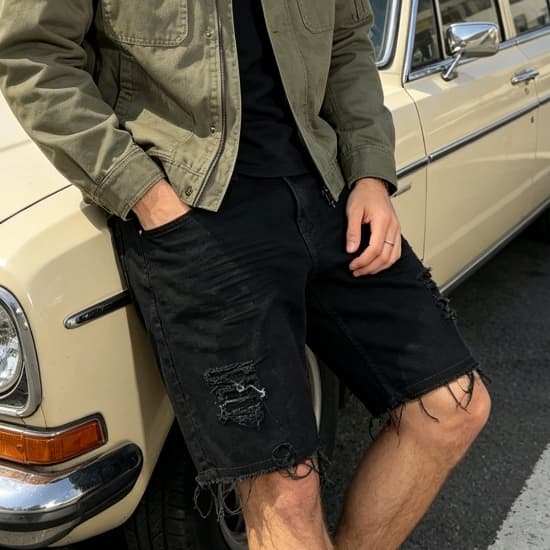 Bermuda jeans masculina preta com rasgos e barra desfiada, estilo street americano, reta de 5 pontos, casual para verão