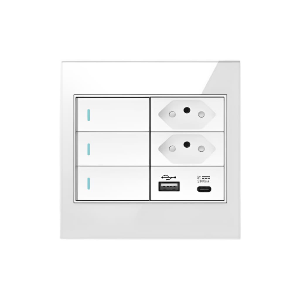 INTERRUPTOR 3 BOTÕES COM 2 TOMADAS E USB E TIPO C TURBO PAINEL DE VIDRO 4X4