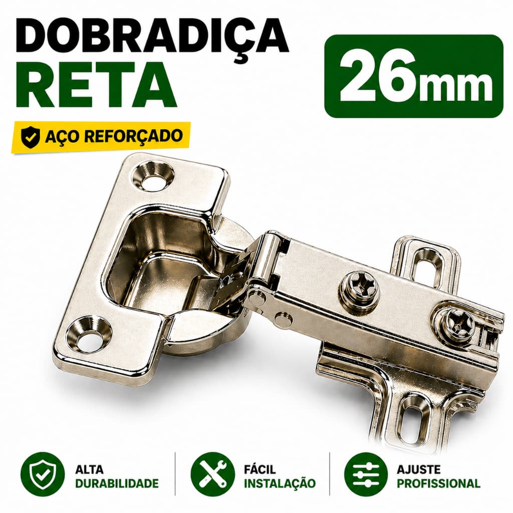 Dobradiça 26mm Reta Armário Porta Móveis Cozinha Guarda Roupa