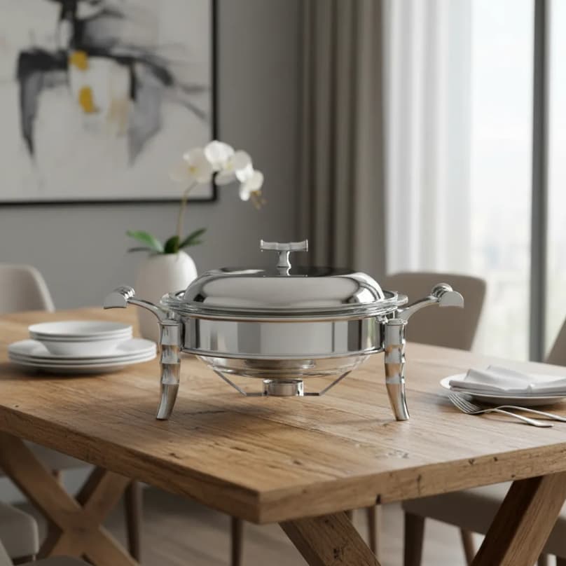 Réchaud 2,4 Litros Redondo em Aço Inox Com Tampa Refratário em Vidro Ideal para Festas e Eventos Buffets