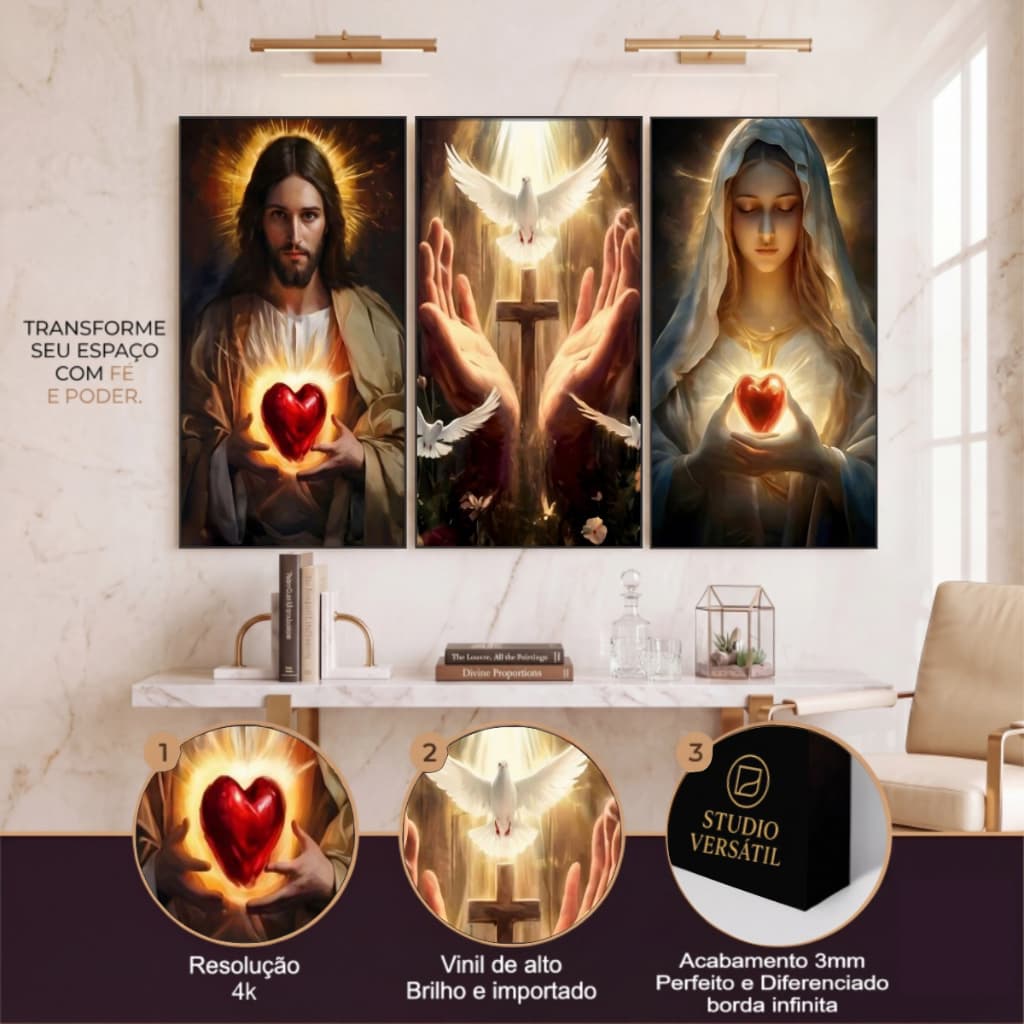 Kit 3 Quadro Decorativo Sagrado Coração religioso moderno jesus maria cruz sala cozinha escritorio