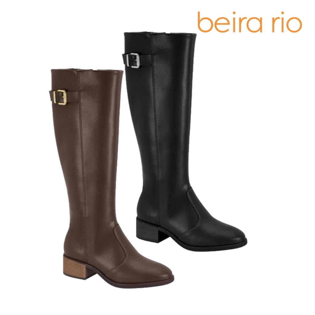 Bota Feminina Beira Rio Casual Cano Longo Salto Grosso Baixo Fivela Confortável Original Lançamento
