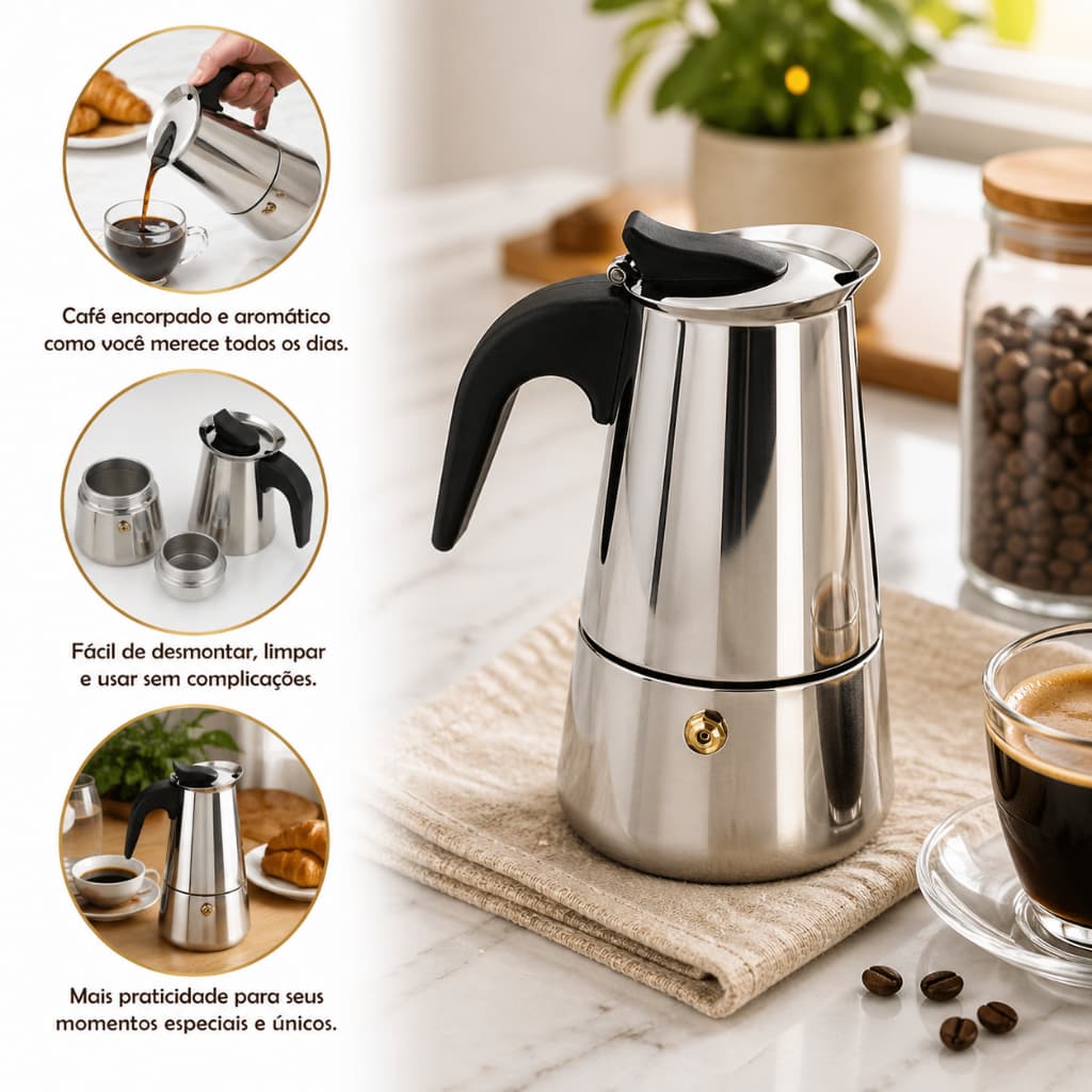 Cafeteira Italiana Inox Premium Capacidade 6 Xicaras Design Clássico Cafe Espresso