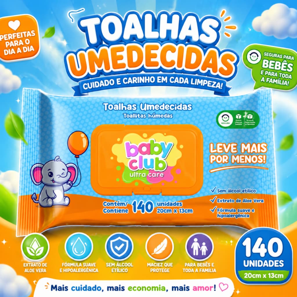Lenços Umedecidos Baby Club 140 Unidades Suaves e Dermatologicamente Testados