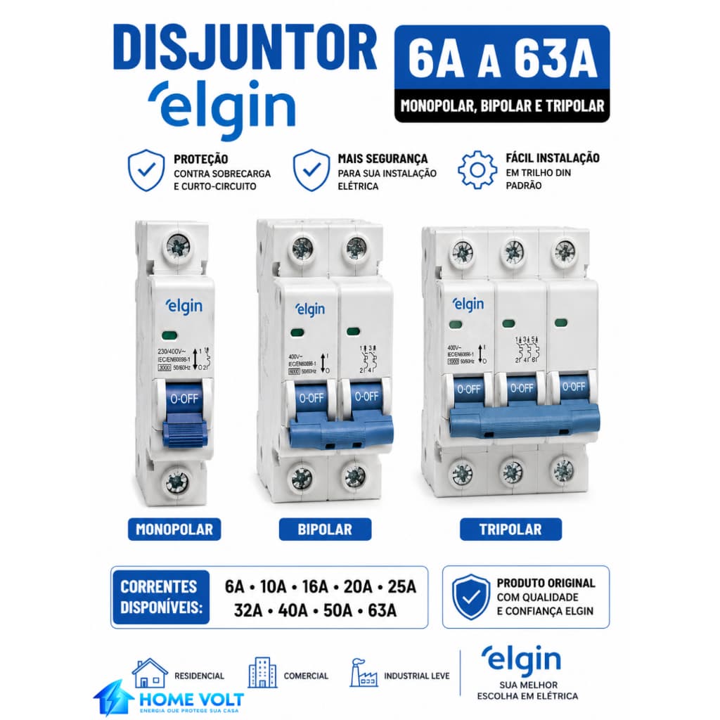 Disjuntor Elgin Monopolar Bipolar Tripolar 6A a 63A Proteção Elétrica Residencial Comercial  INMETRO