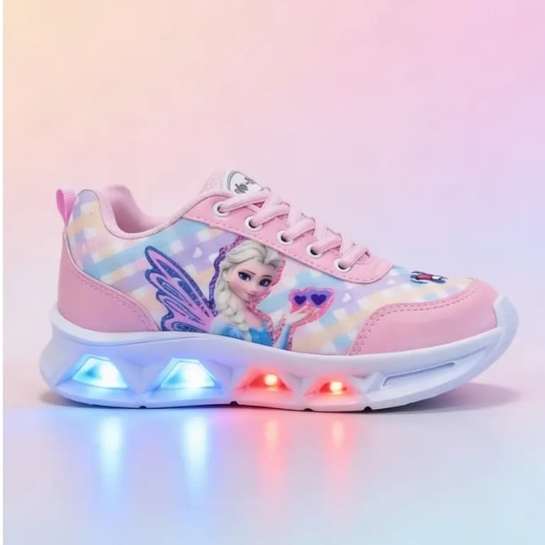 Tênis Infantil Feminino LED Princesa Frozen Luz Menina Confortável Leve Antiderrapante Rosa