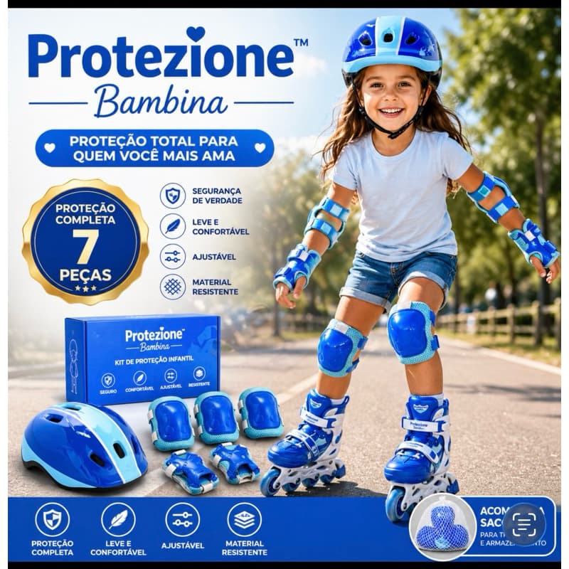 Kit Proteção Infantil Completo 7 Peças azul Capacete Joelheira Cotoveleira Munhequeira Ajustável Protezione Bambina