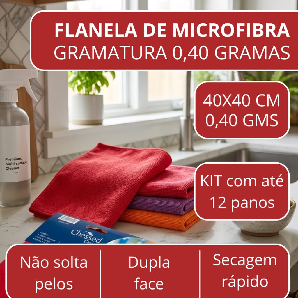 Kit Flanela Toalha Microfibra 40x40cm Limpeza  3, 6, 9 ou 12 Panos Alta Absorção Não Risca