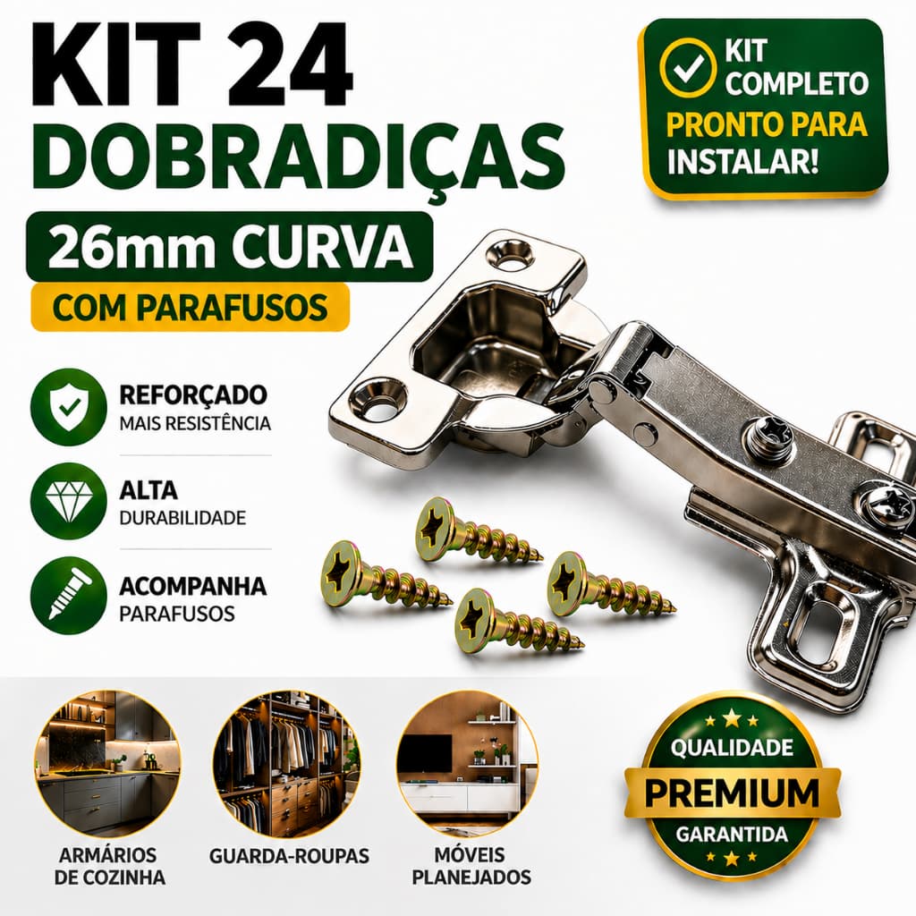 Kit 24 Dobradiça 26mm Curva Armário Porta Móveis Cozinha Guarda Roupa Com Parafuso