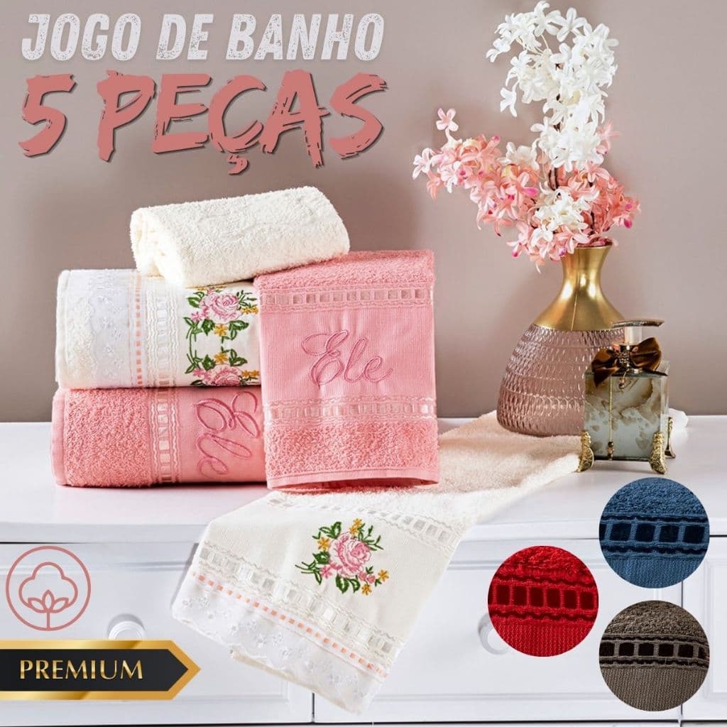 Jogo Toalhas De Banho Super Luxo 05 Peças 100% Algodão Casal Alta Absorção Toalha Felpuda