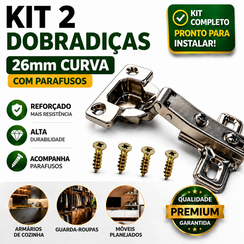 Kit 2 Dobradiça 26mm Curva Armário Porta Móveis Cozinha Guarda Roupa Com Parafuso