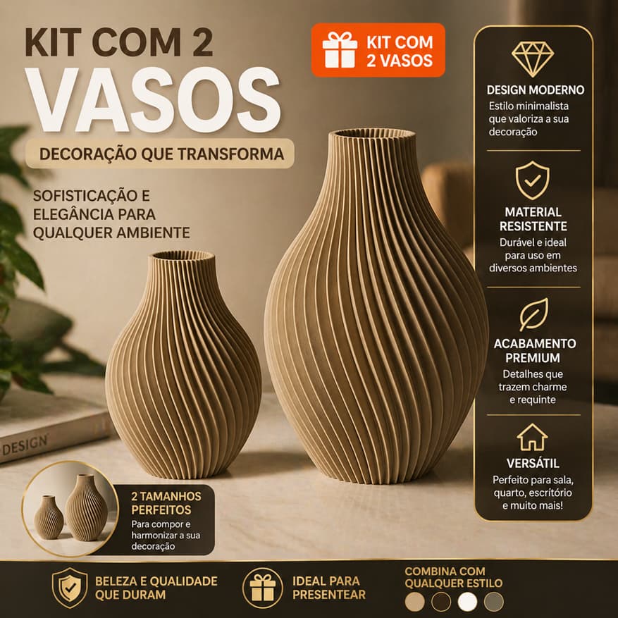 Vaso Decorativo Canelado, Kit com 2 Vasos, Decoração Ambiente Sala, Quarto e Escritório