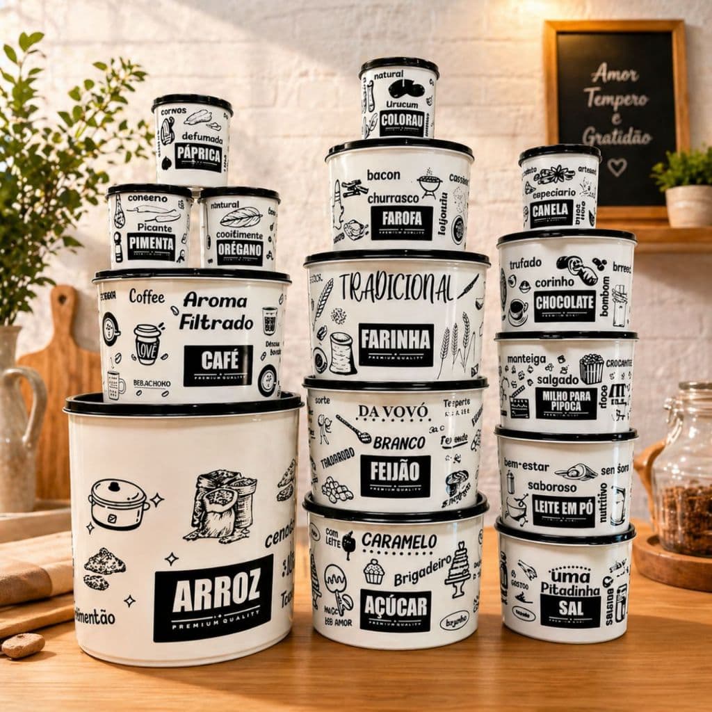 Kit Jogo 15 Potes Personalizado Decorado de Plastico Tapuer Porta Mantimentos Alimento Casa Cozinha