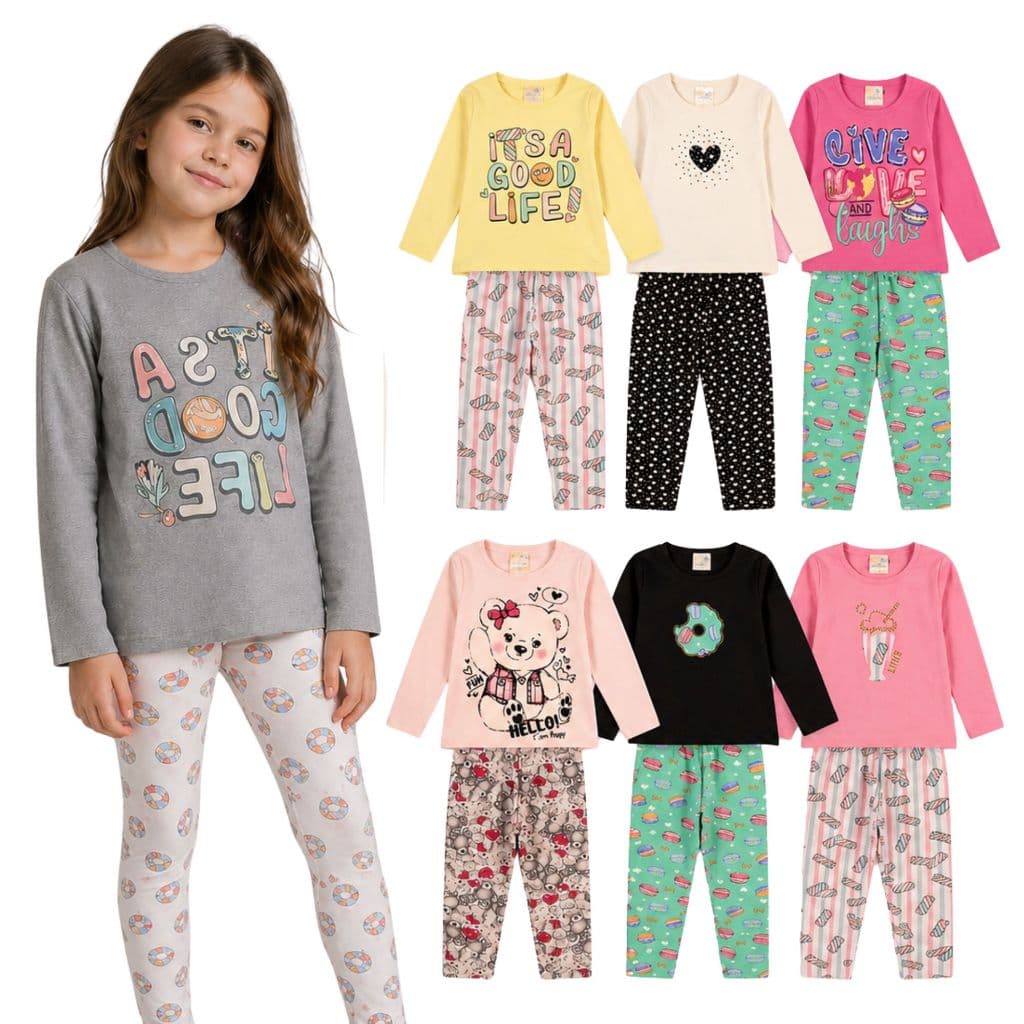 Kit 10 Peças Sortidas Infantil Menina Meia Estação 5 Blusas Manga Longa + 5 Leggings Cotton Conforto