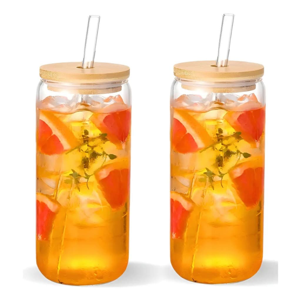 Copo de Vidro com Tampa de Bambu Canudo Reutilizável Hermético Ideal para Café, Suco e Drinks