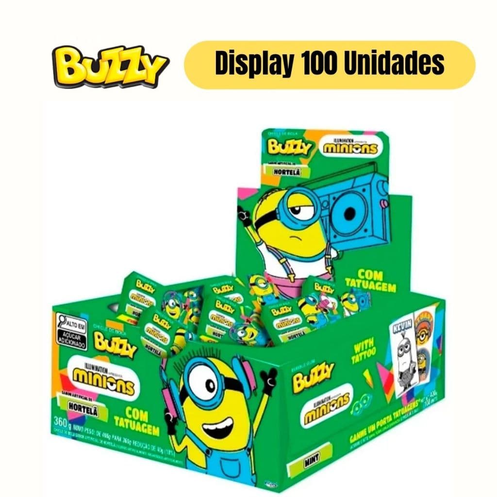 Chiclete Minions com Tatuagem Sabore Hortelã Caixa c/ 100 unidades - Marca Buzzy